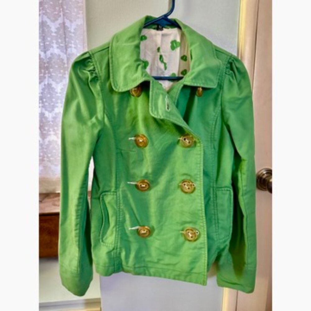 H&M size 8 rounded collar double breasted green cotton lined jacket big buttons